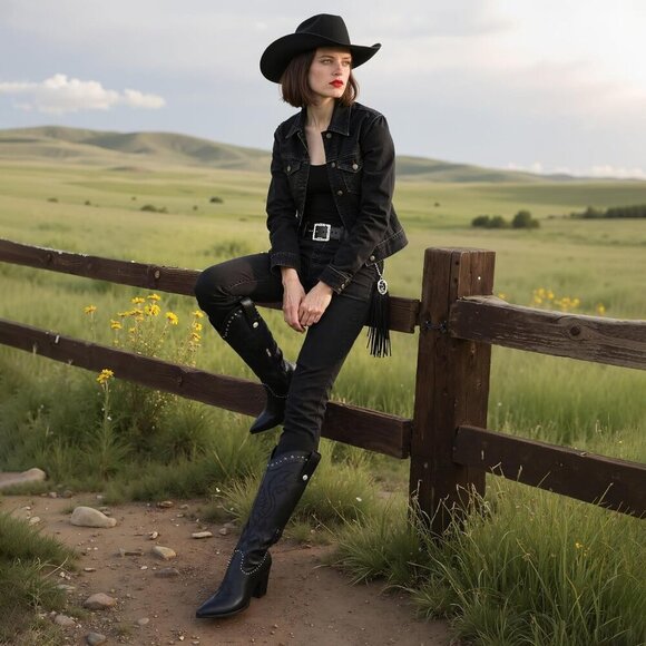 Women 2 Black Embroidered Pointed Toe Knee High Western Chunky Heels Boots - Picture 6 of 7